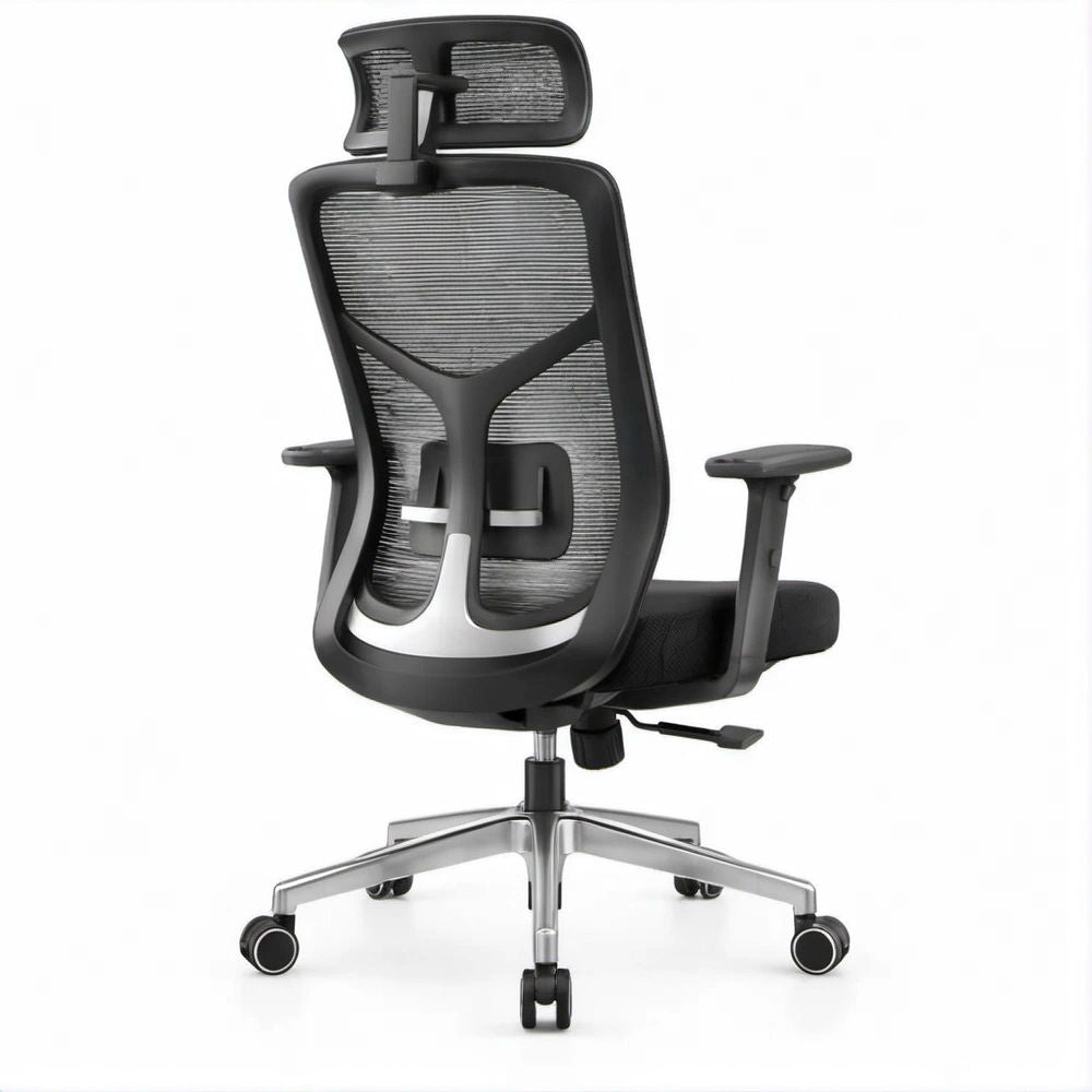 Cadeira de Escritório Ergonómica Giratória em Malha Preta e Prata com Apoio de Cabeça, 64 x 64 x 118-128 cm