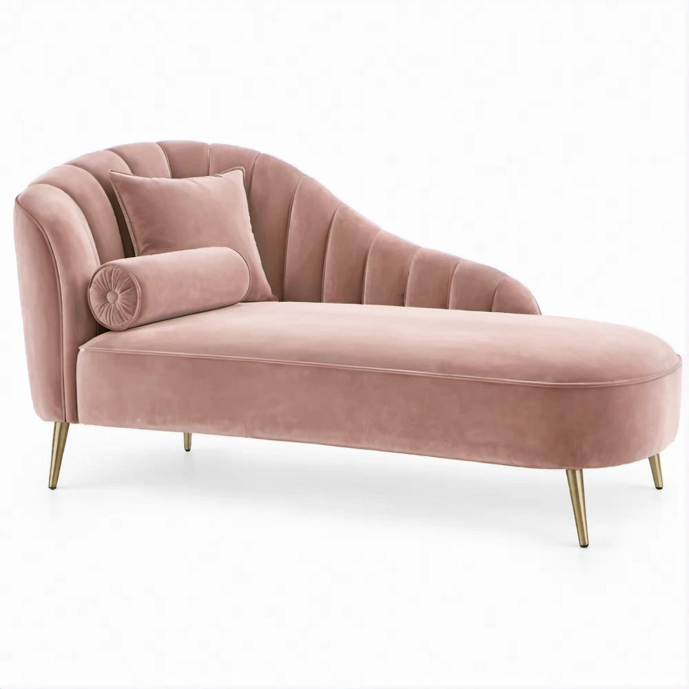 Chaise Longue Curva em Veludo Rosa e Dourado, 180 x 82 x 82 cm, com Almofadas