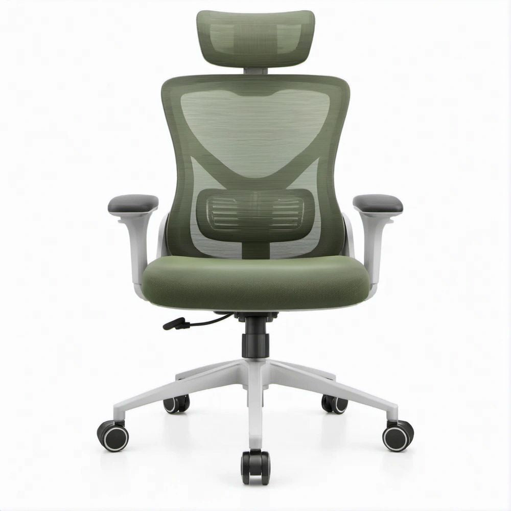 Cadeira de Escritório Ergonómica Verde e Cinzento-Claro com Encosto em Malha, Apoio de Cabeça e Rodízios, 64 x 64 x 116-126 cm
