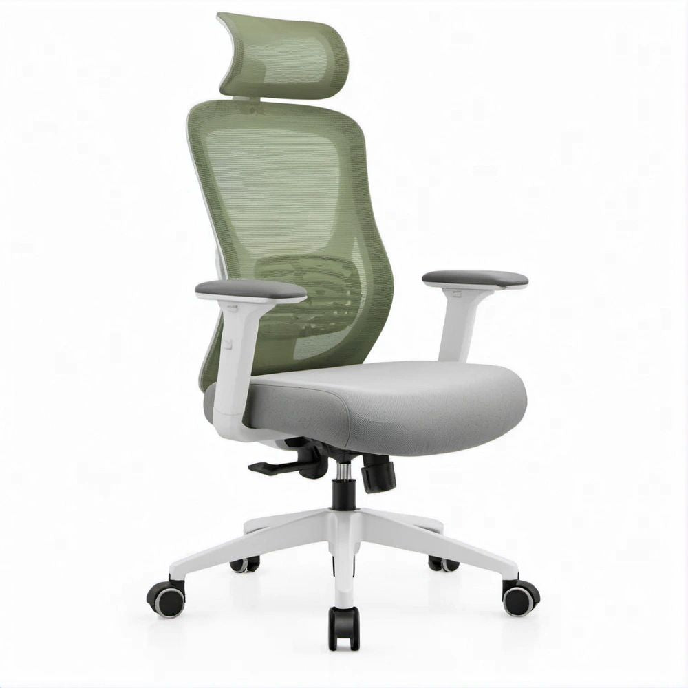 Cadeira Giratória Ergonómica com Apoio de Cabeça, Verde, Cinzento, Branco e Preto, 66 x 66 x 118-128 cm