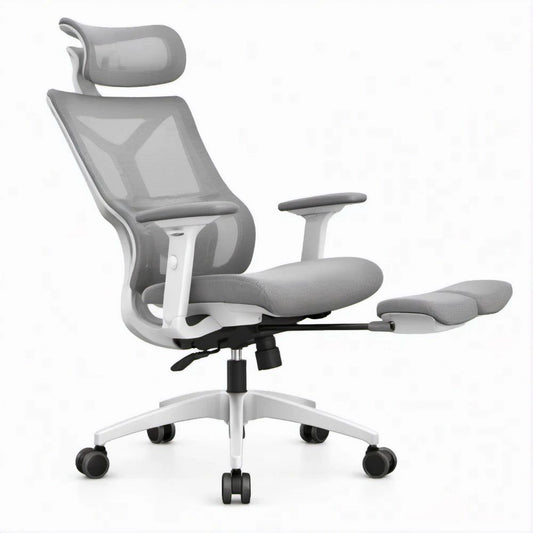 Cadeira Ergonómica de Escritório Cinzenta e Branca em Malha com Apoio para os Pés Retrátil 65 x 65 x 118-128 cm