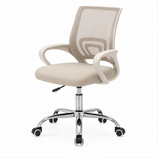 Cadeira de Escritório Giratória Bege com Encosto em Rede, Base Cromada e Braços Fixos 60 x 60 x 92-102 cm