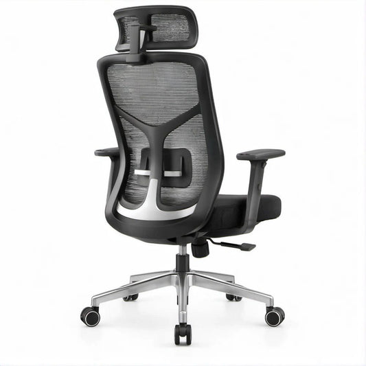Cadeira de Escritório Ergonómica Giratória em Malha Preta e Prata com Apoio de Cabeça, 64 x 64 x 118-128 cm