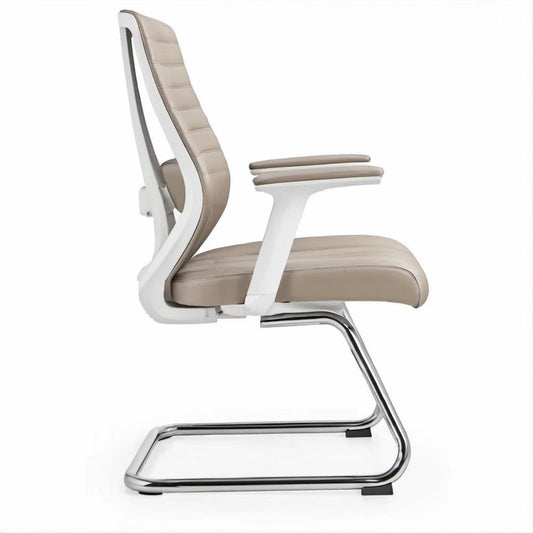 Cadeira de Escritório Cantilever Bege e Branca em PU e Aço Cromado, 64 x 60 x 108 cm