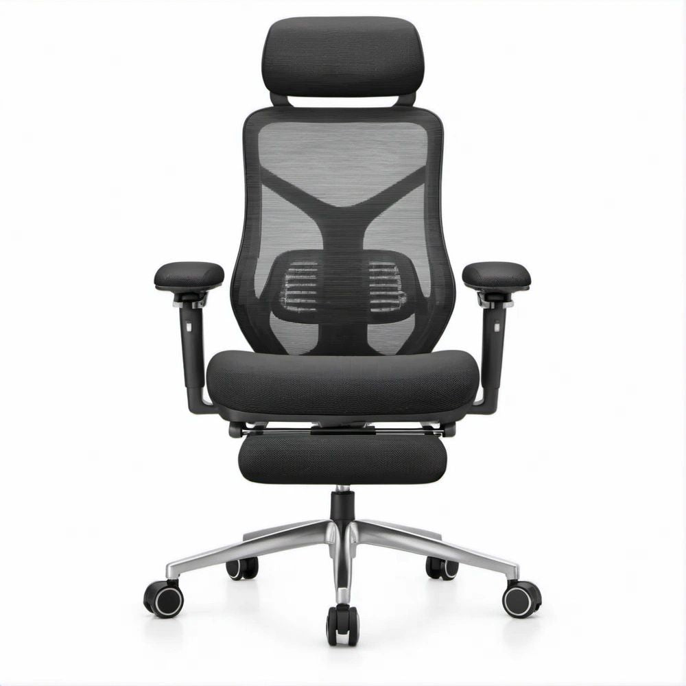 Cadeira de Escritório Ergonómica em Malha Preta e Cinzenta com Apoio de Cabeça, Apoio Lombar e Apoio para Pés Retrátil, 65 x 65 x 118-128 cm