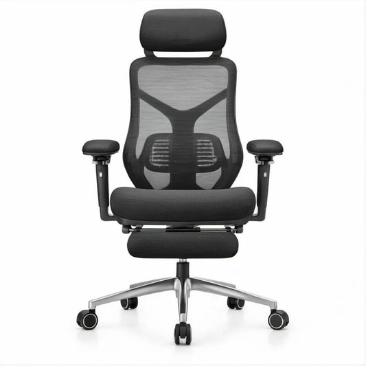 Cadeira de Escritório Ergonómica em Malha Preta e Cinzenta com Apoio de Cabeça, Apoio Lombar e Apoio para Pés Retrátil, 65 x 65 x 118-128 cm
