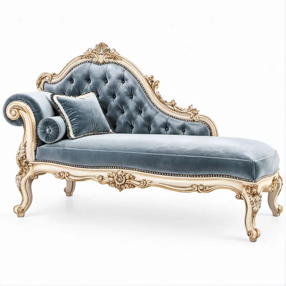 Chaise Longue Clássica Curva em Veludo Azul-Cinzento com Estrutura Creme e Dourada, 180 x 75 x 95 cm
