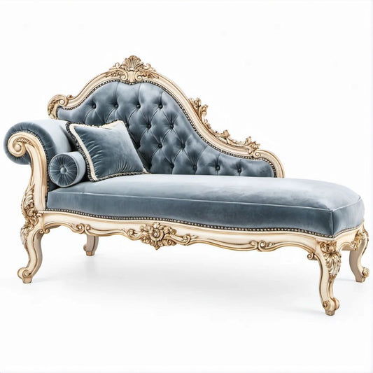 Chaise Longue Clássica Curva em Veludo Azul-Cinzento com Estrutura Creme e Dourada, 180 x 75 x 95 cm