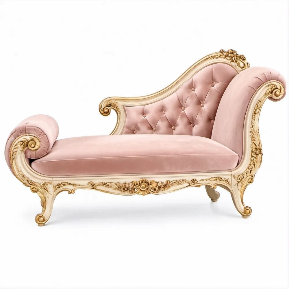 Chaise Longue Curva em Veludo Rosa-Claro com Estrutura Marfim e Dourada, 170 x 75 x 105 cm
