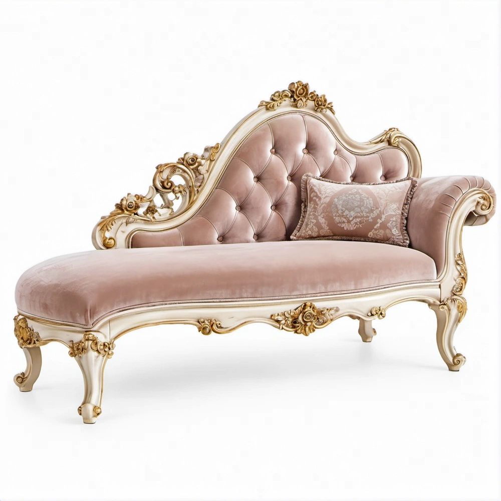 Chaise longue clássica curva em veludo rosa com estrutura em madeira maciça, 170 x 75 x 105 cm