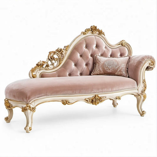 Chaise longue clássica curva em veludo rosa com estrutura em madeira maciça, 170 x 75 x 105 cm