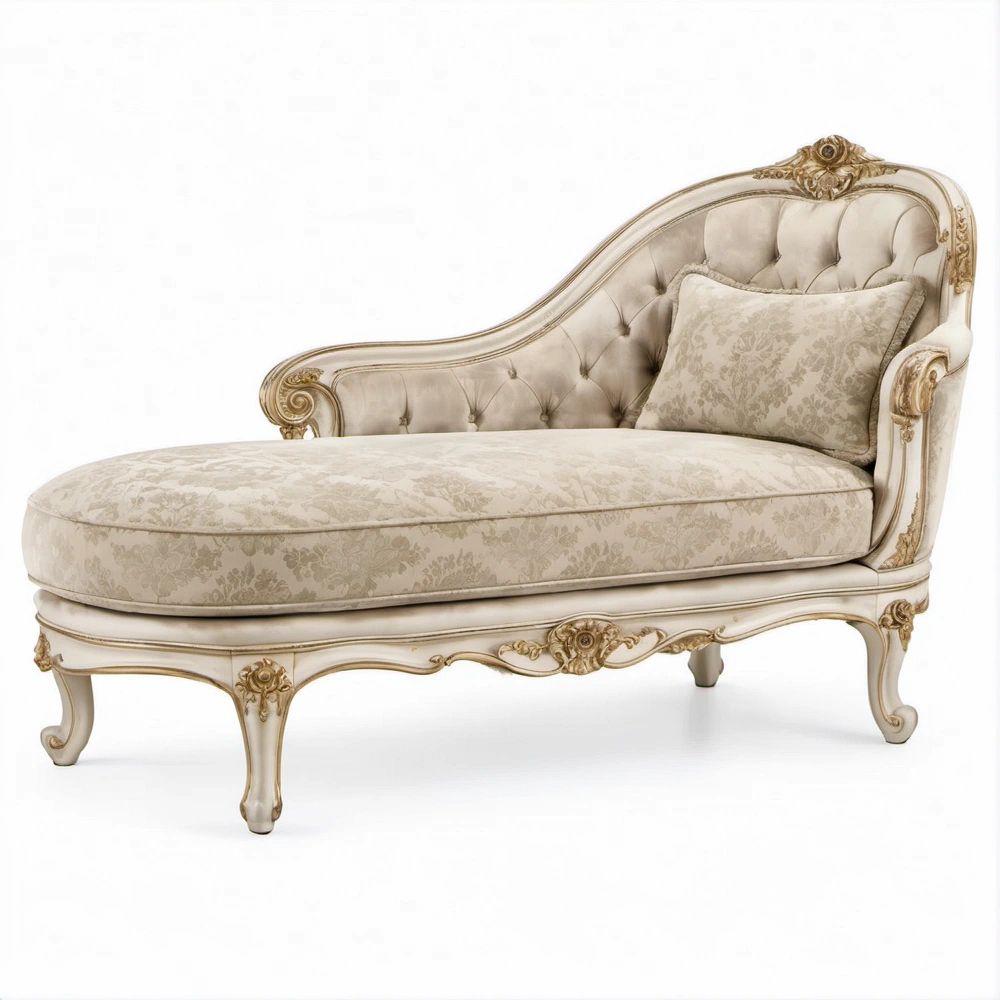 Chaise Longue Clássica Curva Bege, Marfim e Dourado em Madeira Maciça e Poliéster 170 x 75 x 95 cm