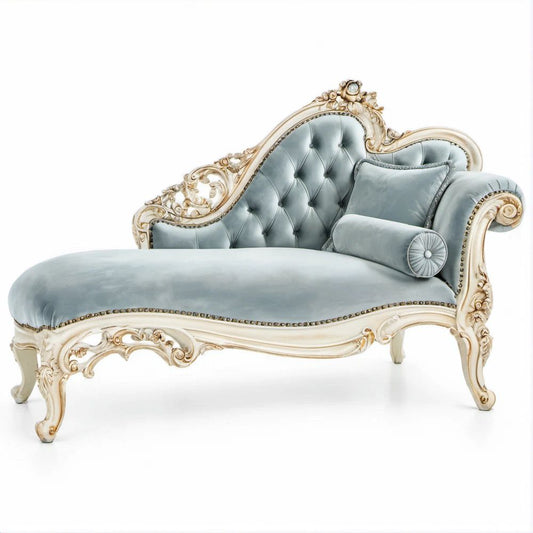 Chaise longue clássica curva em veludo azul-claro com estrutura em madeira, 180 x 75 x 100 cm