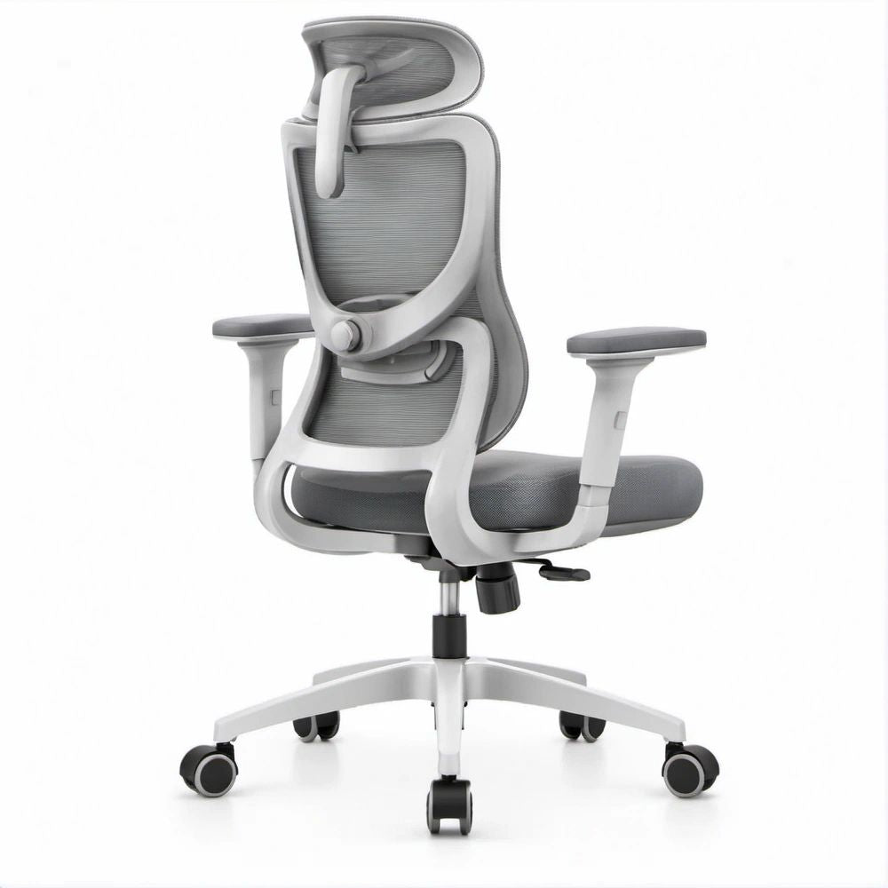 Cadeira Ergonómica Giratória em Malha Cinzenta e Branca com Apoio de Cabeça, 66 x 66 x 118-128 cm