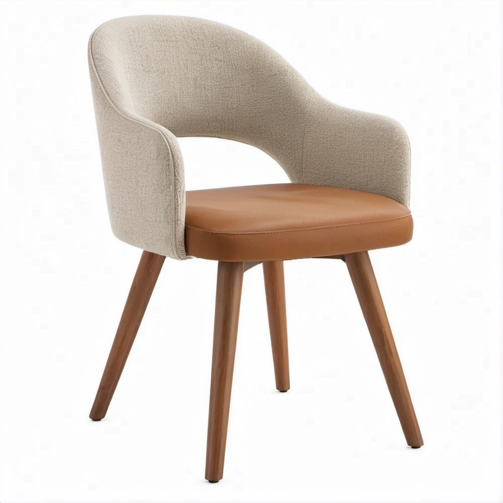 Cadeira de Jantar Curva Bege e Castanho em Tecido, PU e Madeira Maciça, 58 x 56 x 78 cm