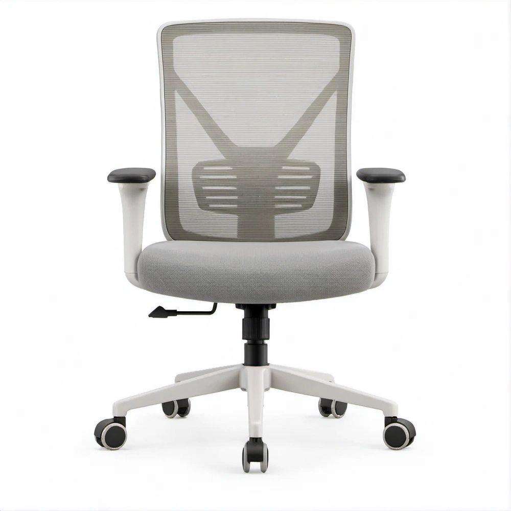 Cadeira Ergonómica Giratória com Encosto em Malha Cinzenta e Base Branca, 62 x 62 x 114-124 cm