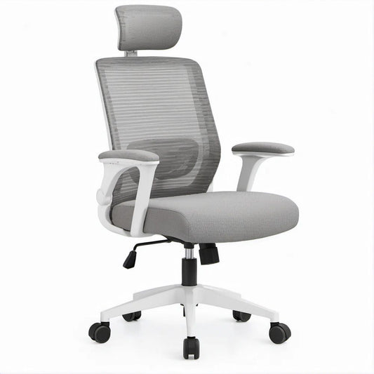 Cadeira Ergonómica de Escritório em Malha Cinzenta com Apoio de Cabeça, 60 x 60 x 116-126 cm