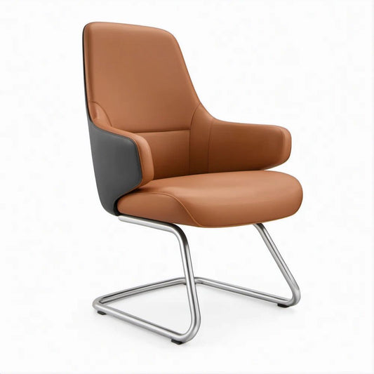 Cadeira de Escritório para Visitante em Pele Sintética PU Castanha com Braços e Base Cantilever em Aço, 65 x 70 x 93 cm